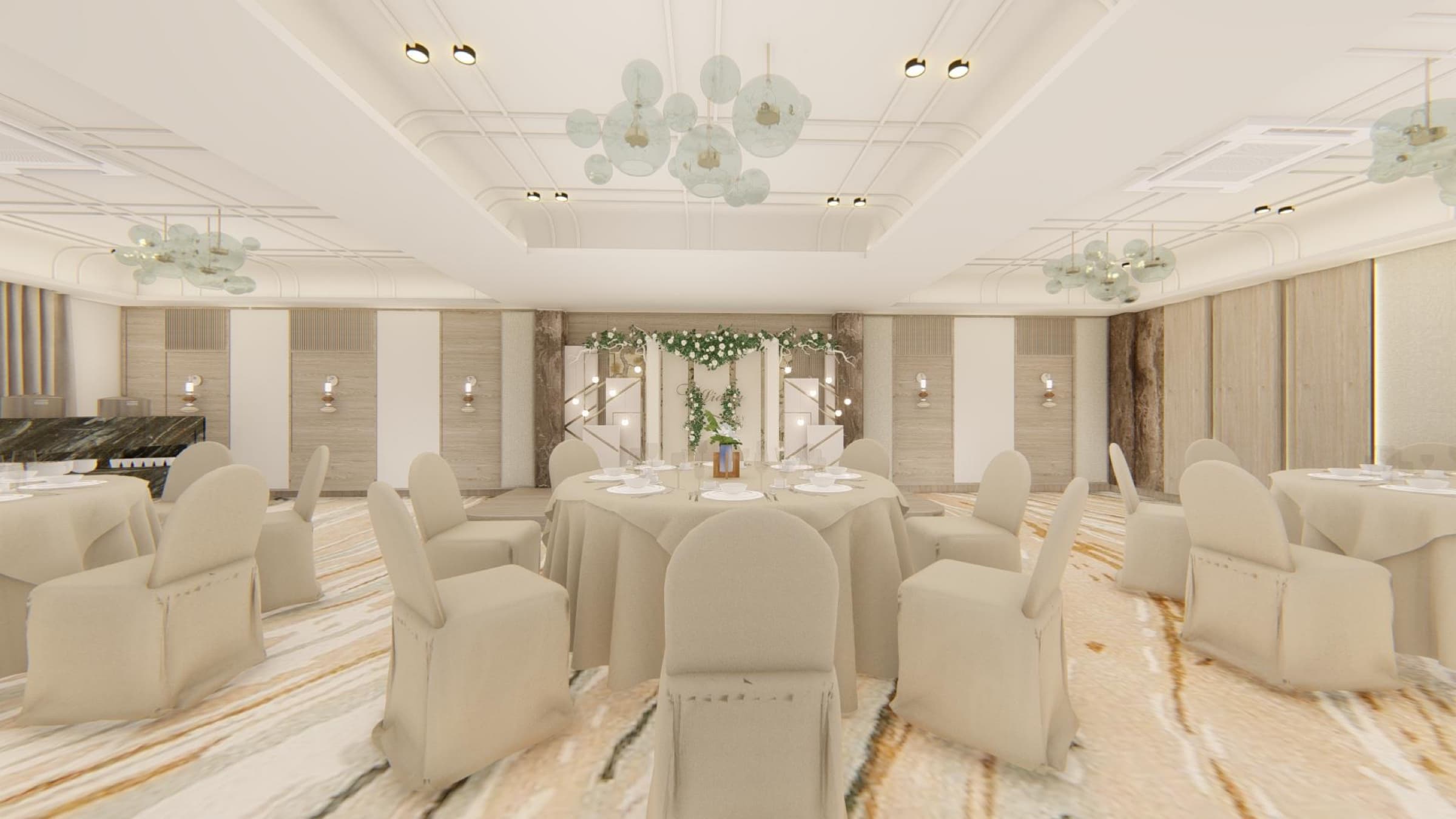 Banquet hall dressed for an event with draped chairs and a floral arch