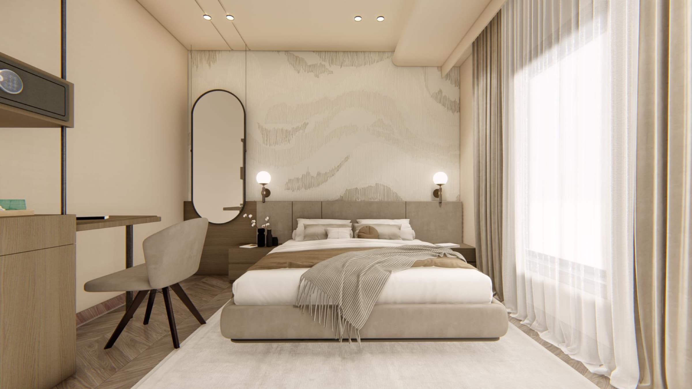 Sunlit boutique hotel bedroom with soft neutrals and natural wood