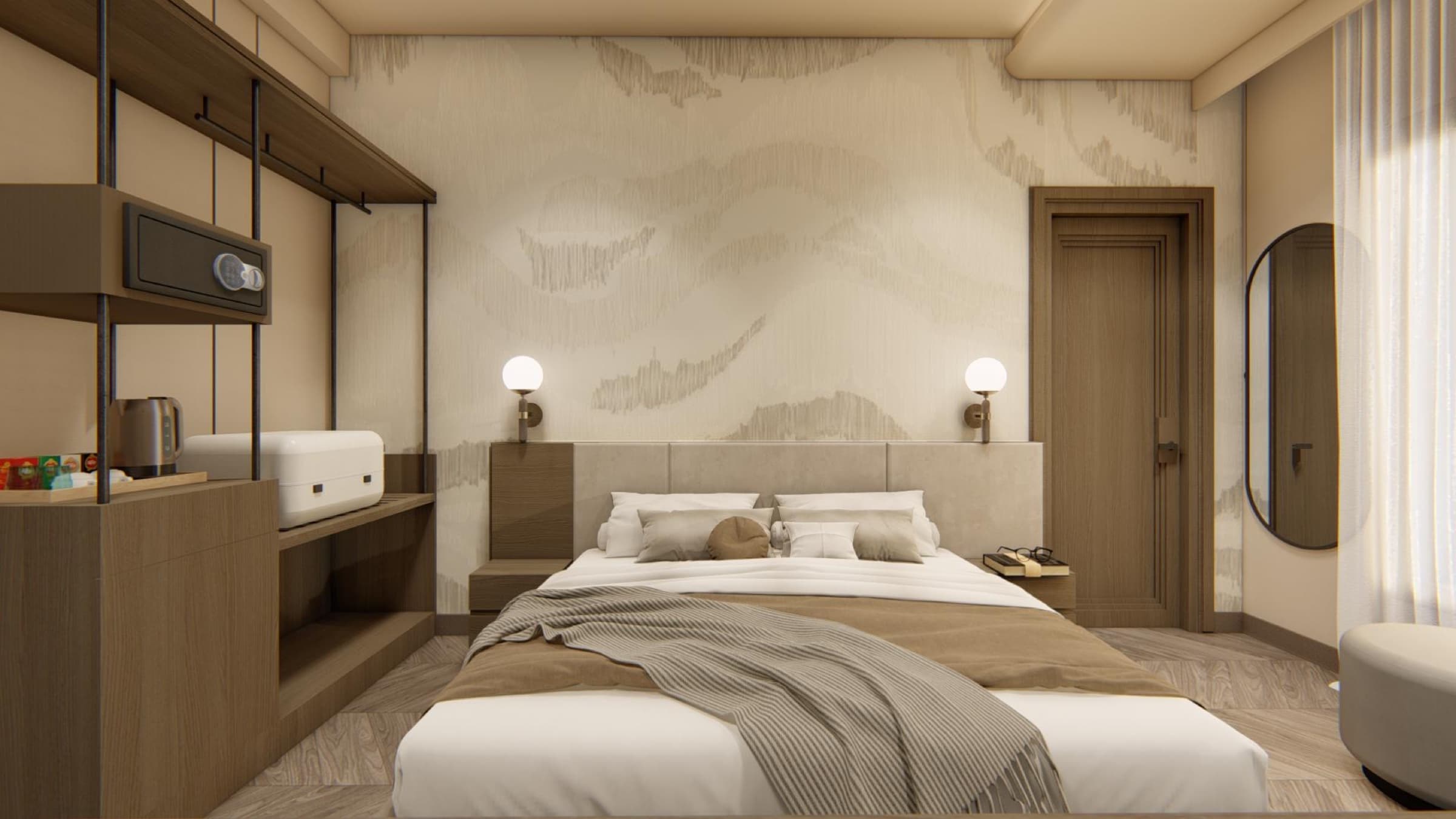 Oak cabinetry and soft wood flooring in the Super Deluxe room